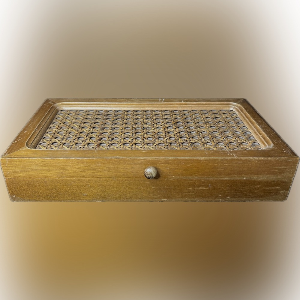 Vintage Brown Rattan Jewelry Box W/ Orange Felt Lining Ring Holder